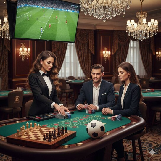Luxurious casino interior with vibrant slot machines and elegant card tables, sparkling gold accents.